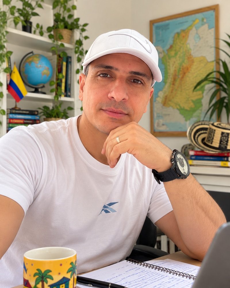 Mauricio, lektor hiszpańskiego z Kolumbii, w tle mapa Kolumbii